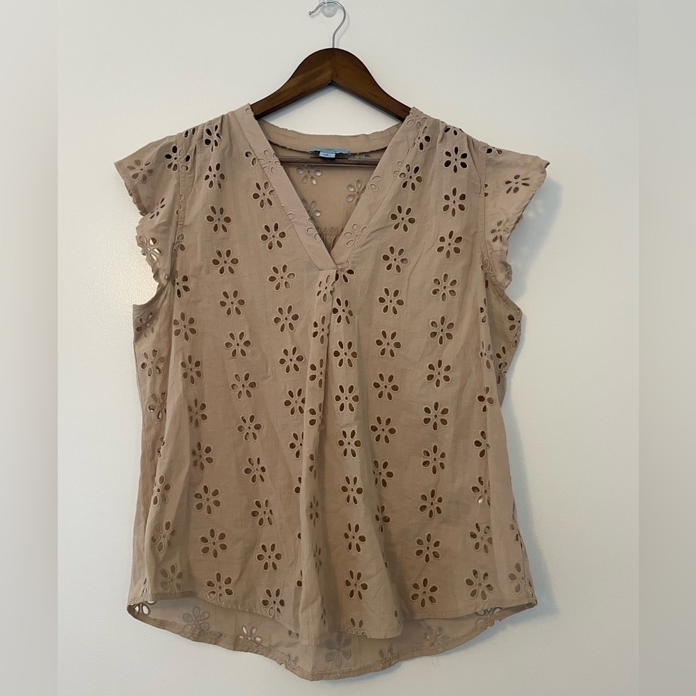Cece Tan Cotton Flutter Short Sleeve Eyelet Summer Blouse Size Large